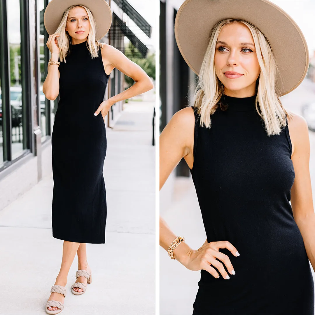 Above All Else Black Ribbed Midi Dress