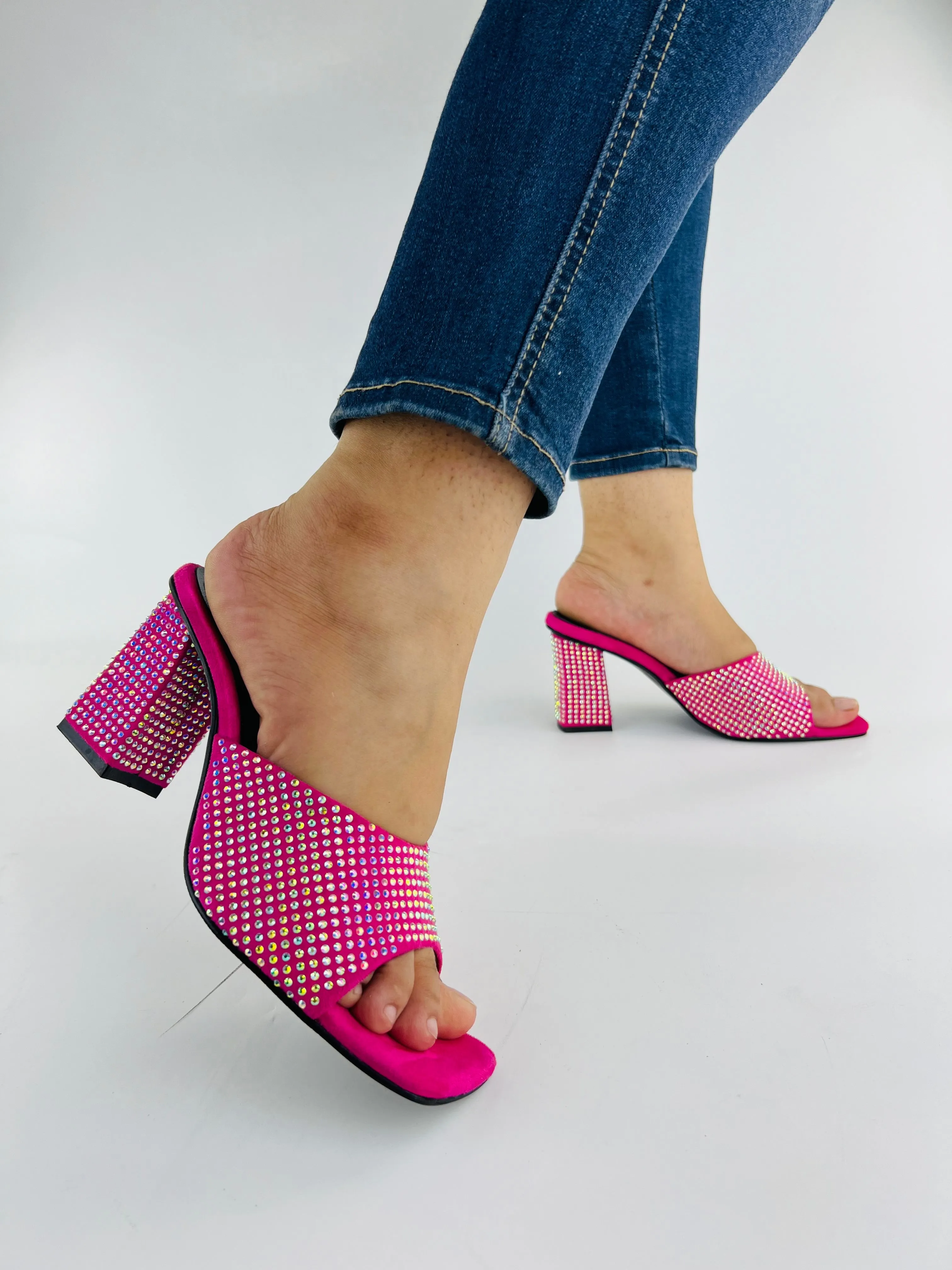 Anja Pink Open Toe Crystal-Studded High-Heeled Mules 0006-Pnk