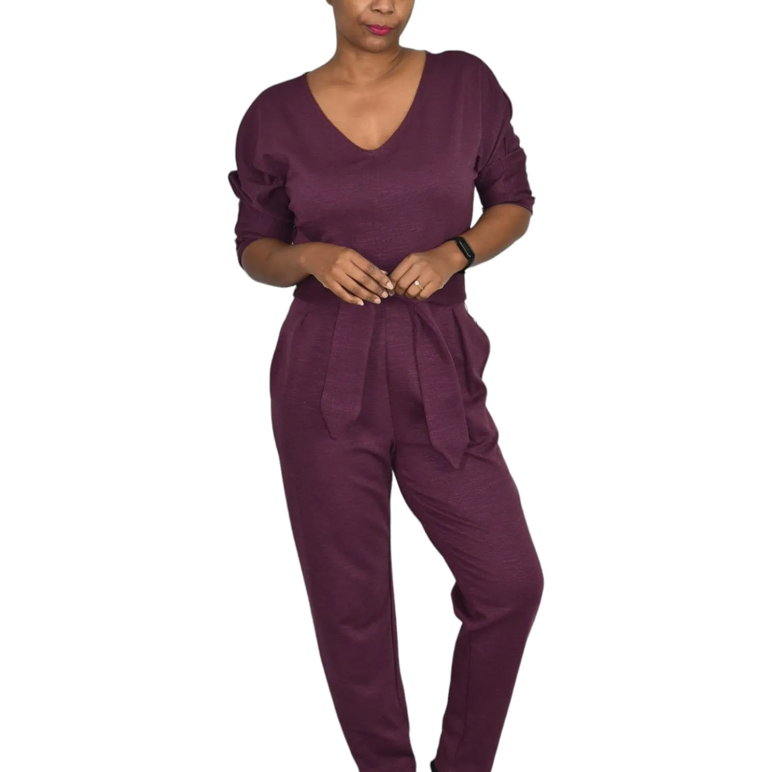 Anthropologie Sutton Jumpsuit Purple Plum Berry Ponte Knit Relaxed Belted Pants Size XS