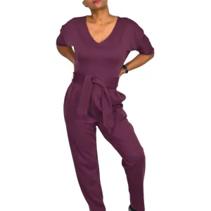 Anthropologie Sutton Jumpsuit Purple Plum Berry Ponte Knit Relaxed Belted Pants Size XS