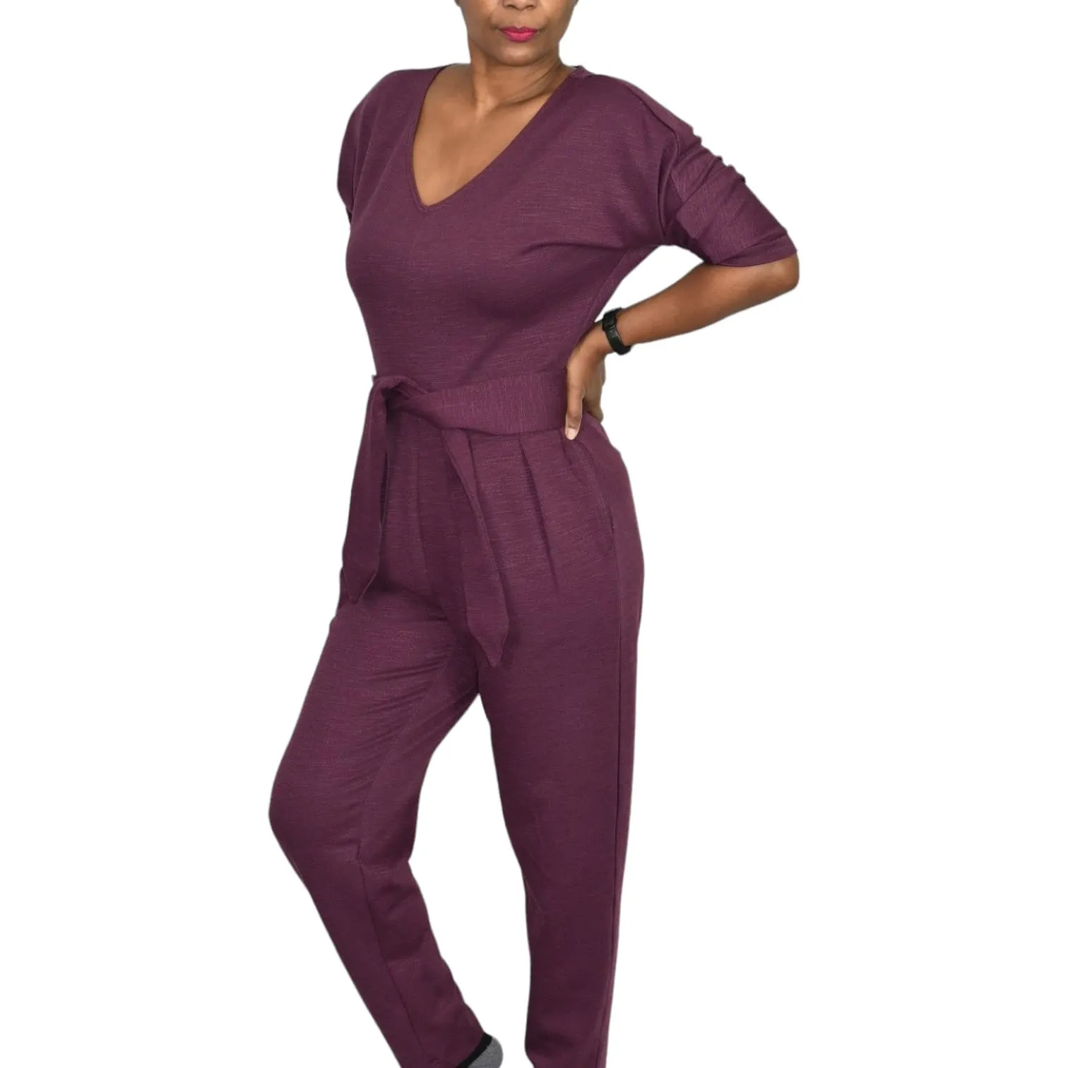 Anthropologie Sutton Jumpsuit Purple Plum Berry Ponte Knit Relaxed Belted Pants Size XS