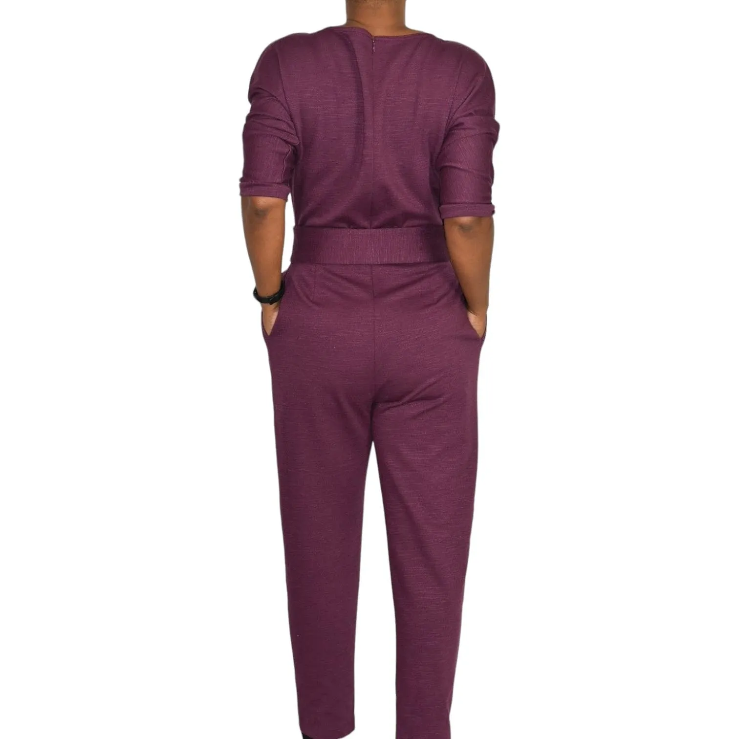 Anthropologie Sutton Jumpsuit Purple Plum Berry Ponte Knit Relaxed Belted Pants Size XS