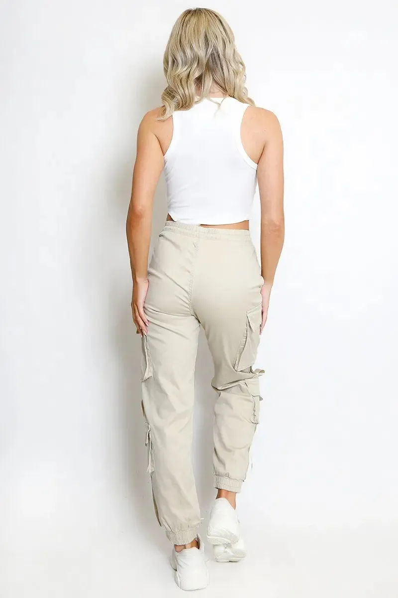 Beige Versatile High Waist Multi- Pocket Elastic Cargo Pants