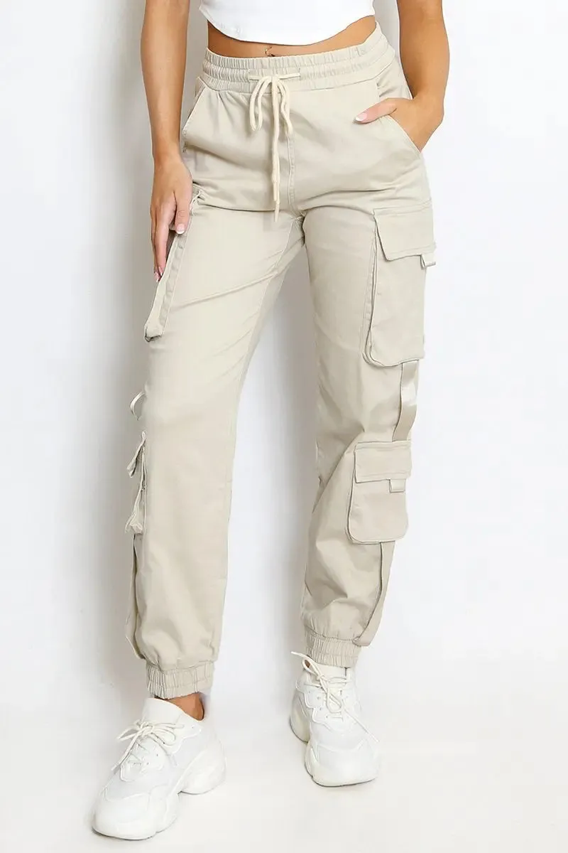 Beige Versatile High Waist Multi- Pocket Elastic Cargo Pants