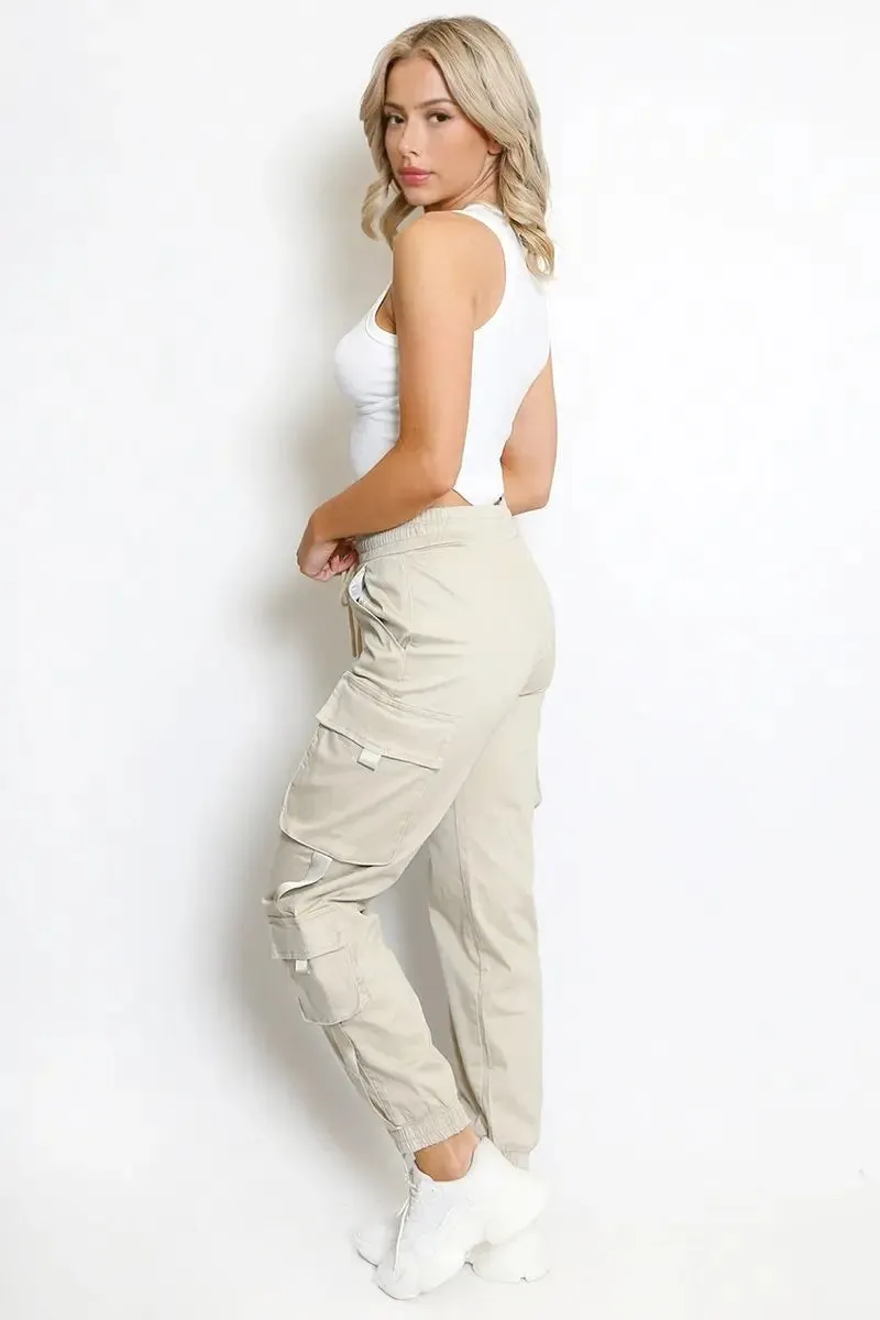 Beige Versatile High Waist Multi- Pocket Elastic Cargo Pants