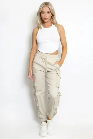 Beige Versatile High Waist Multi- Pocket Elastic Cargo Pants