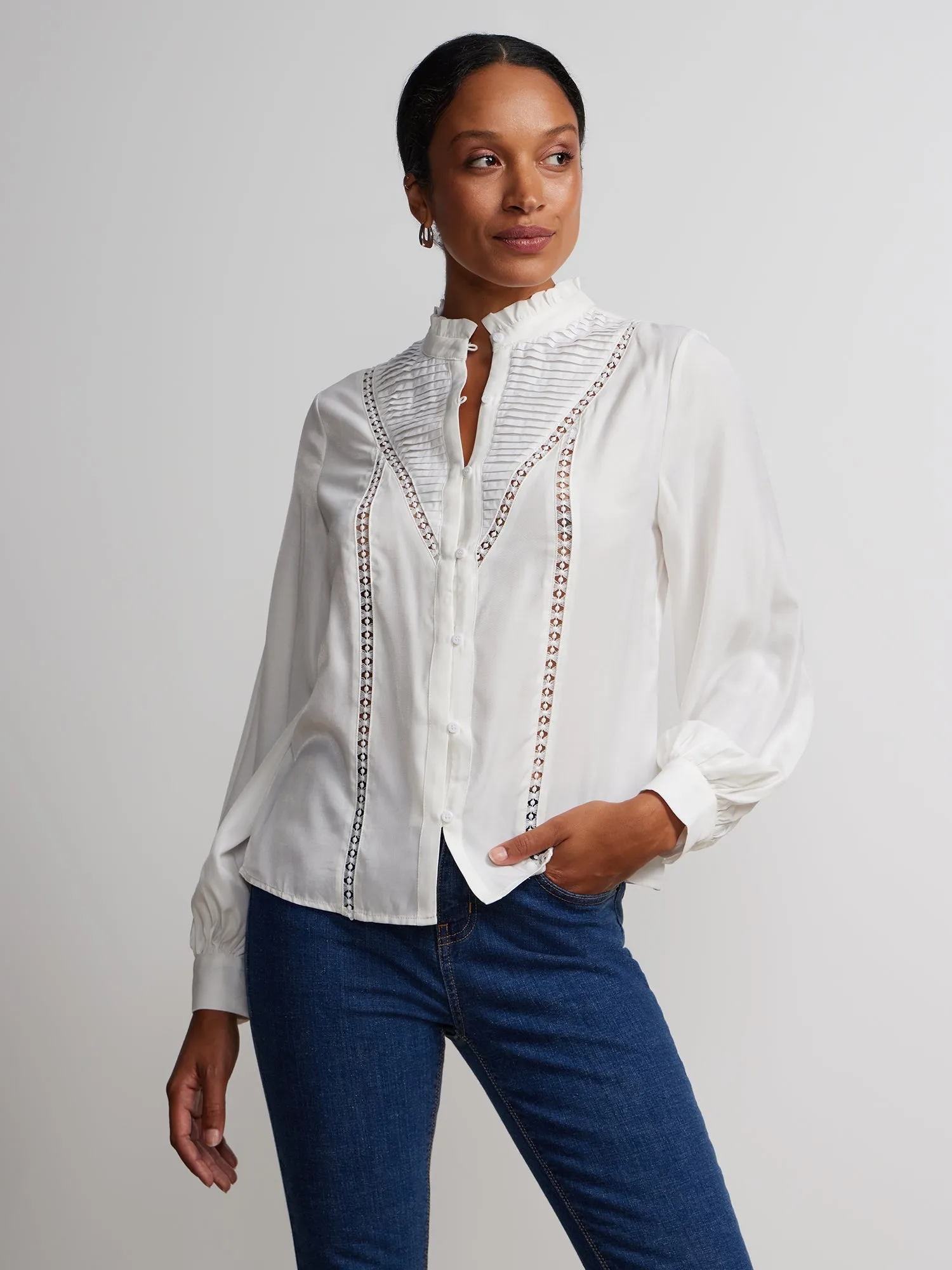 Bishop Sleeve Button-Front Voile Blouse