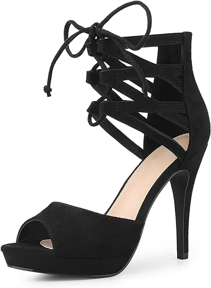 Black Gladiator Lace Up Open Toe Stiletto Heels