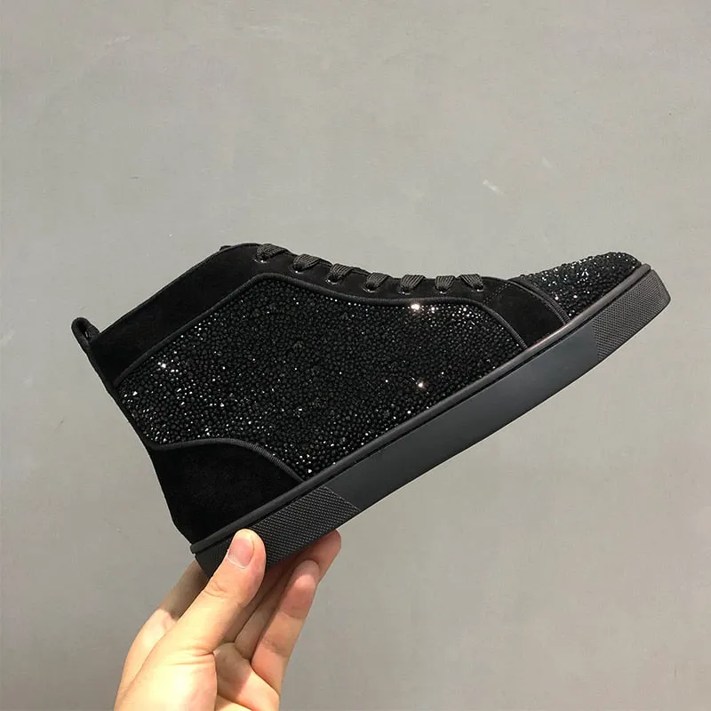 Black Suede Rhinestone High Top Sneakers