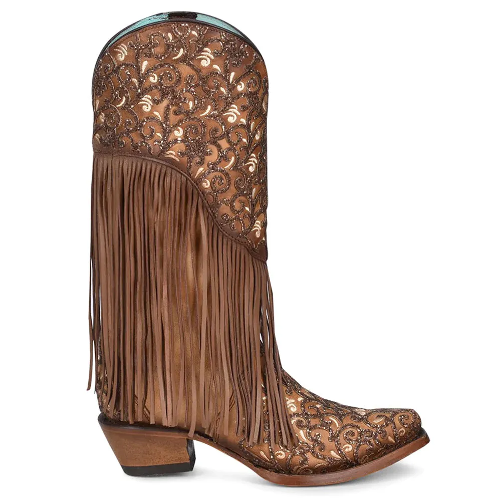 Caracas Fringe Glitter Tooled Inlay Snip Toe Cowboy Boots