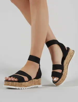 Cassie Elasticated Strappy Flatform Sandals in Black