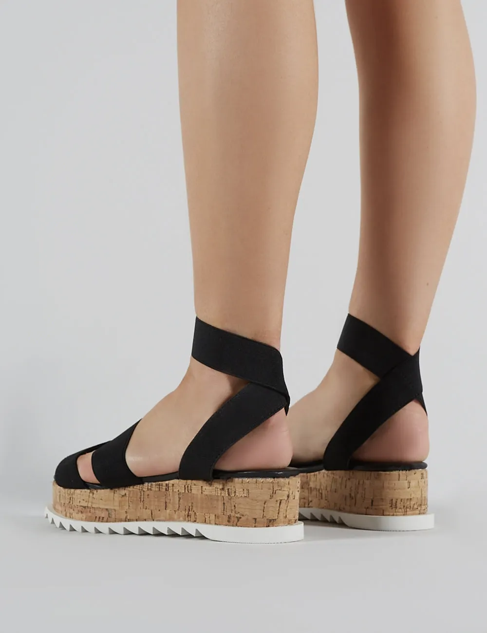 Cassie Elasticated Strappy Flatform Sandals in Black