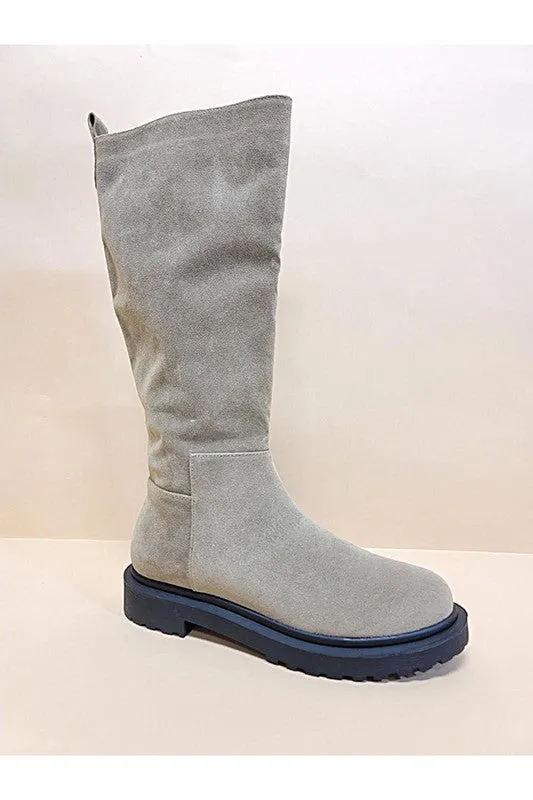 Casual Beige Block Heel Suede Mid Calf Boots