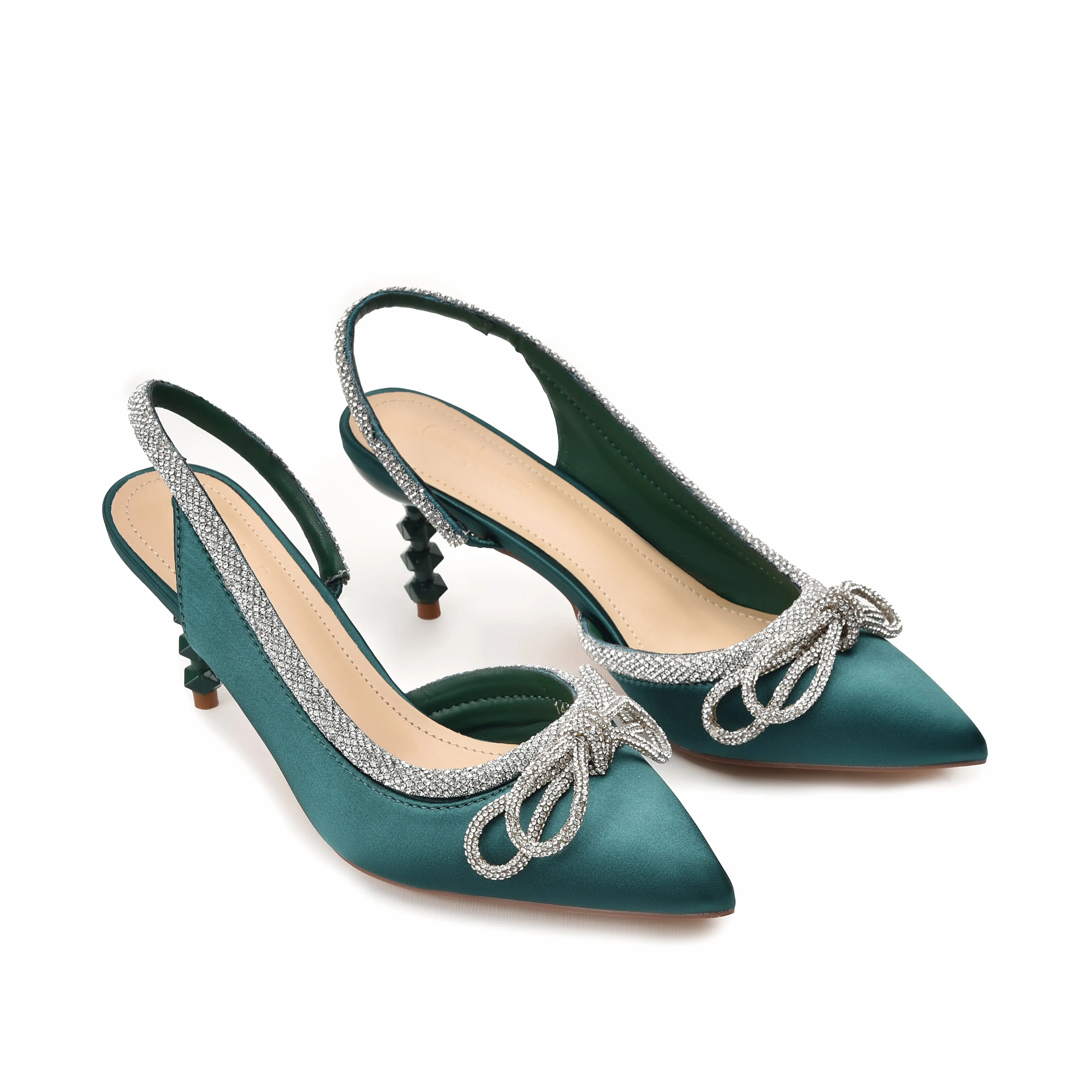 Chic Teal Satin Slingback Heels with Rhinestone Bow | 469L-K