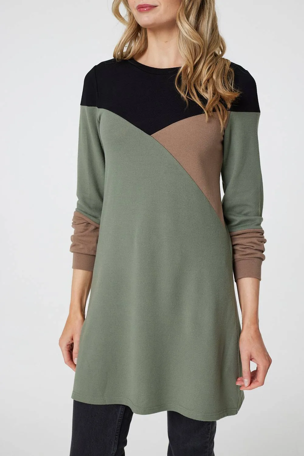 Colour Block Long Sleeve Short Dress