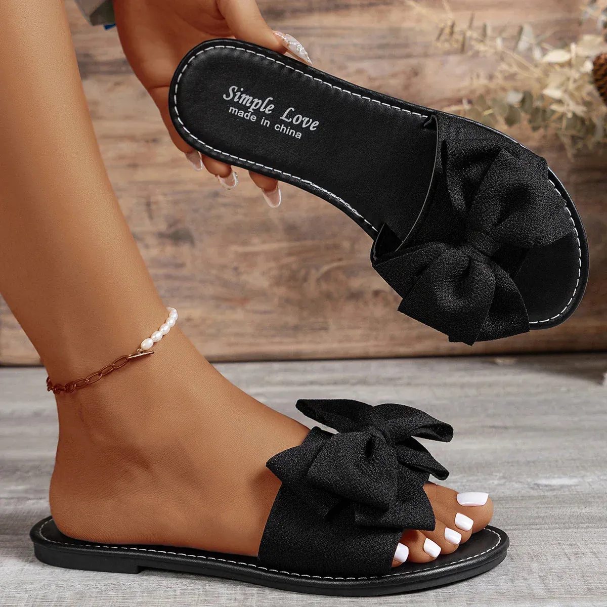 Cozy Bow Flat Slides for Women