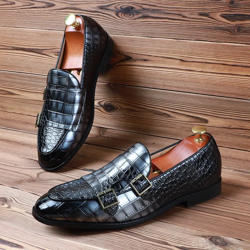 Crocodile Skin PU Leather Monk Shoes