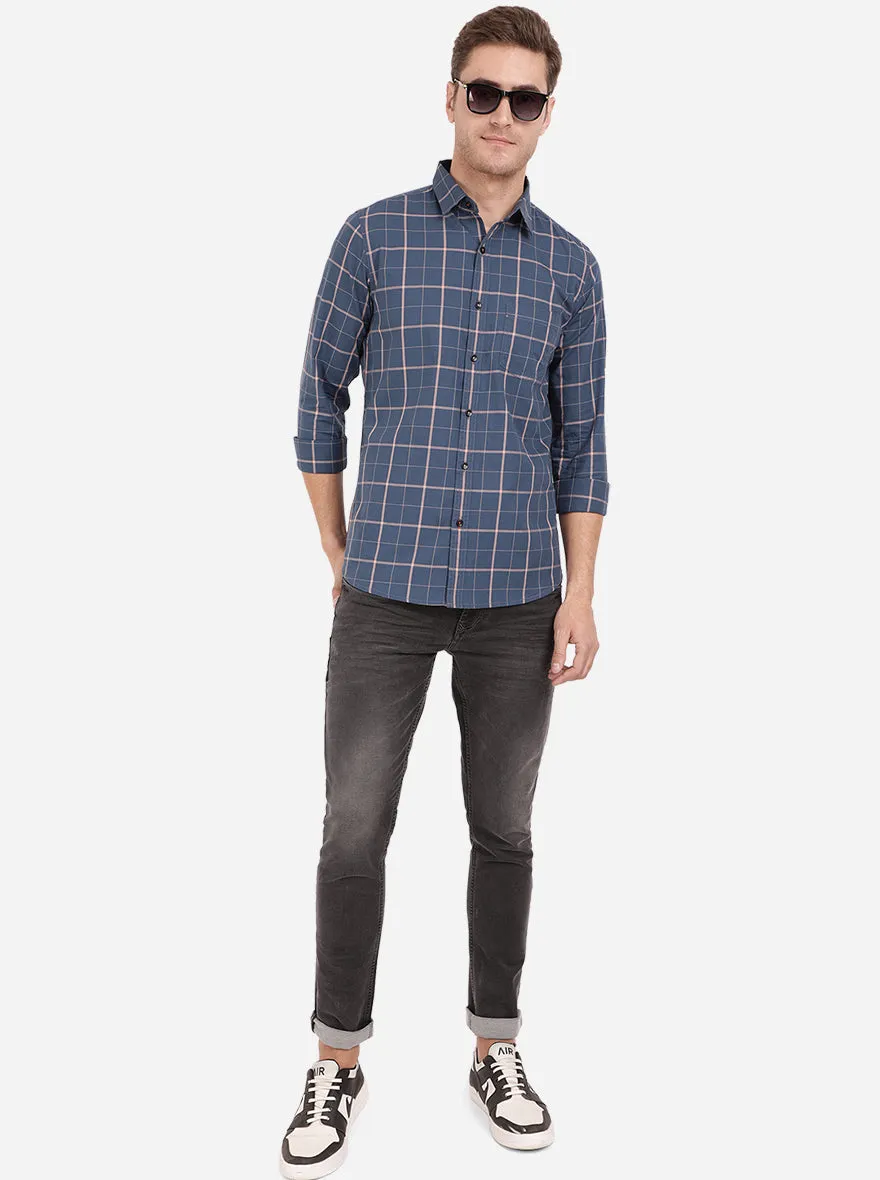 Deep Blue Checked Slim Fit Semi Casual Shirt | JadeBlue