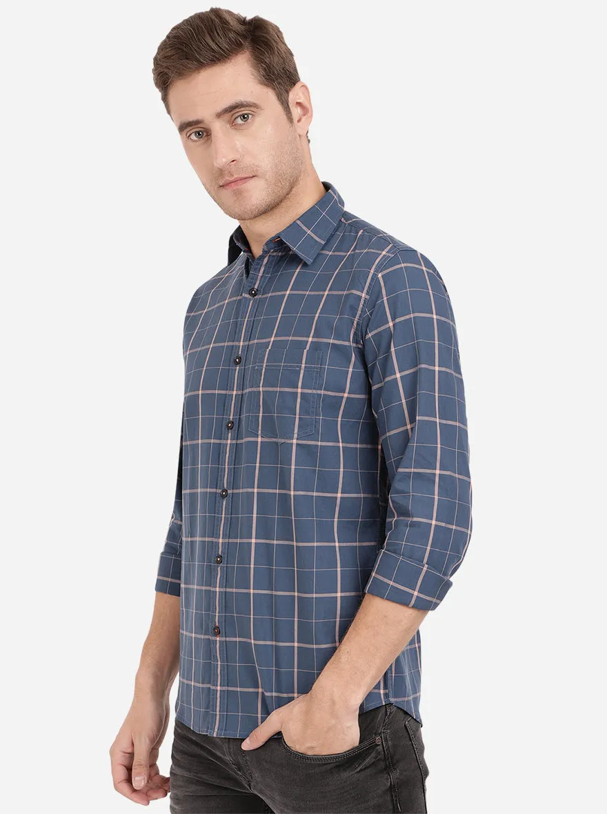 Deep Blue Checked Slim Fit Semi Casual Shirt | JadeBlue