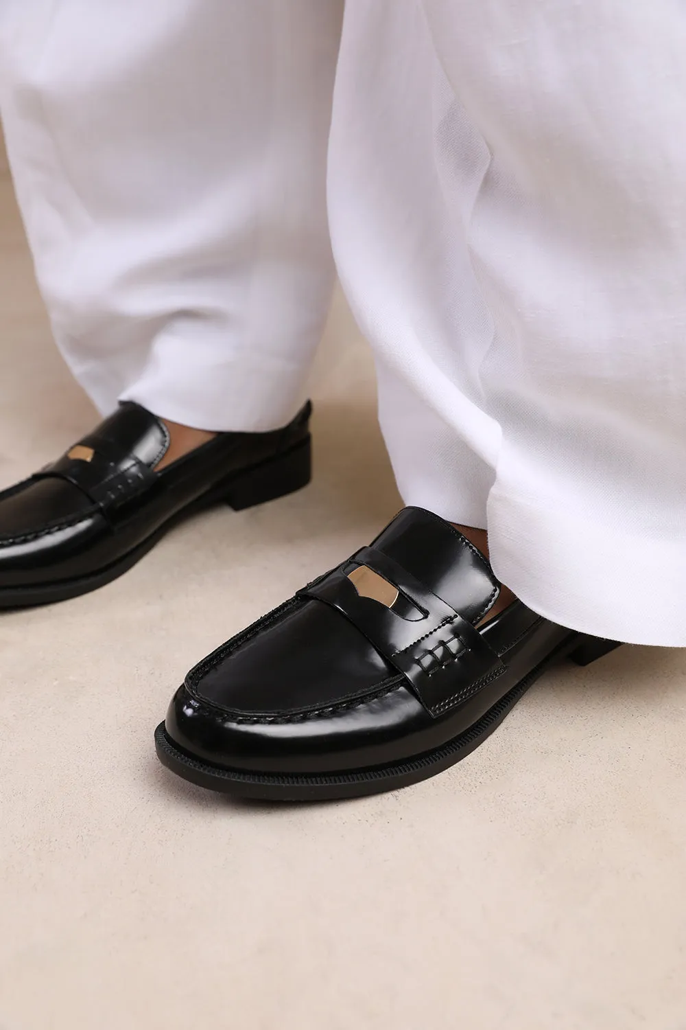 DENVER WIDE FIT SLIP ON LOAFER WITH GOLD DETAILING IN BLACK