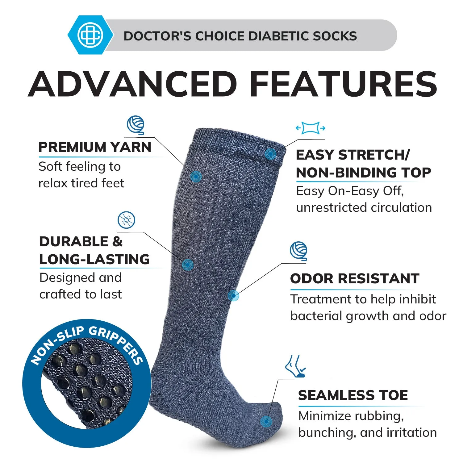 Diabetic Non-Slip Crew Socks, 3 Pack