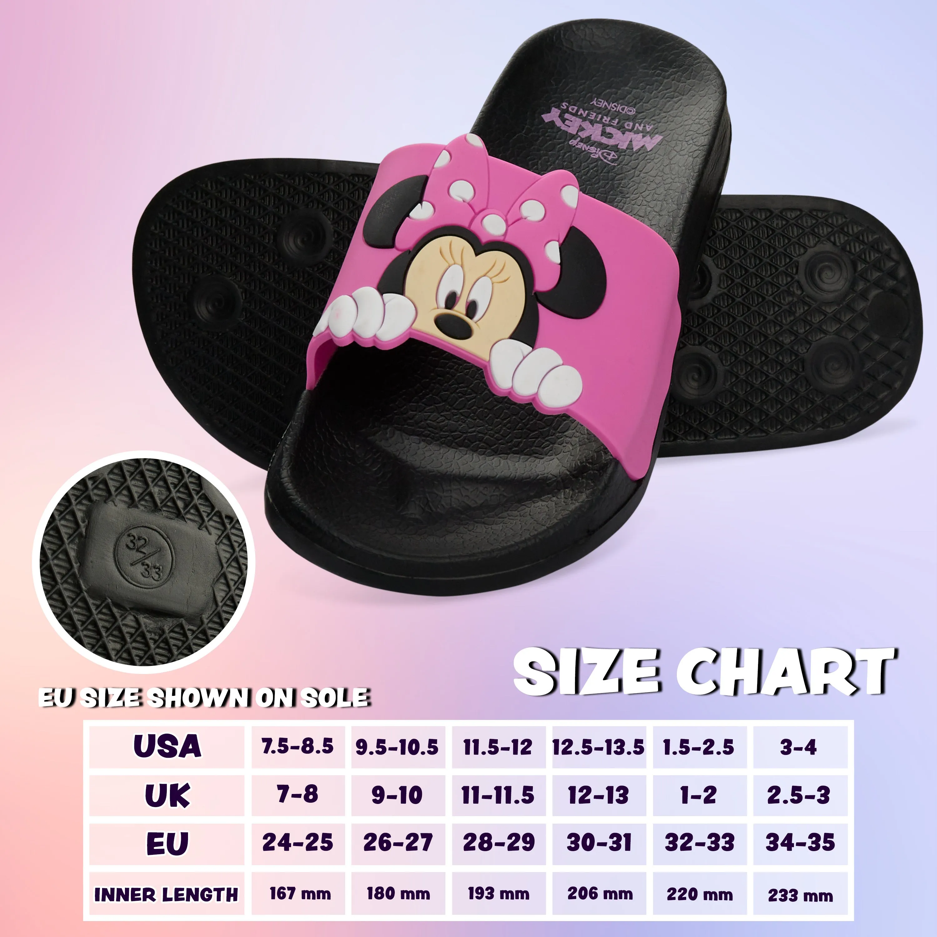 Disney Girls Sliders, Pool or Beach Shoes for Kids - Pink Minnie