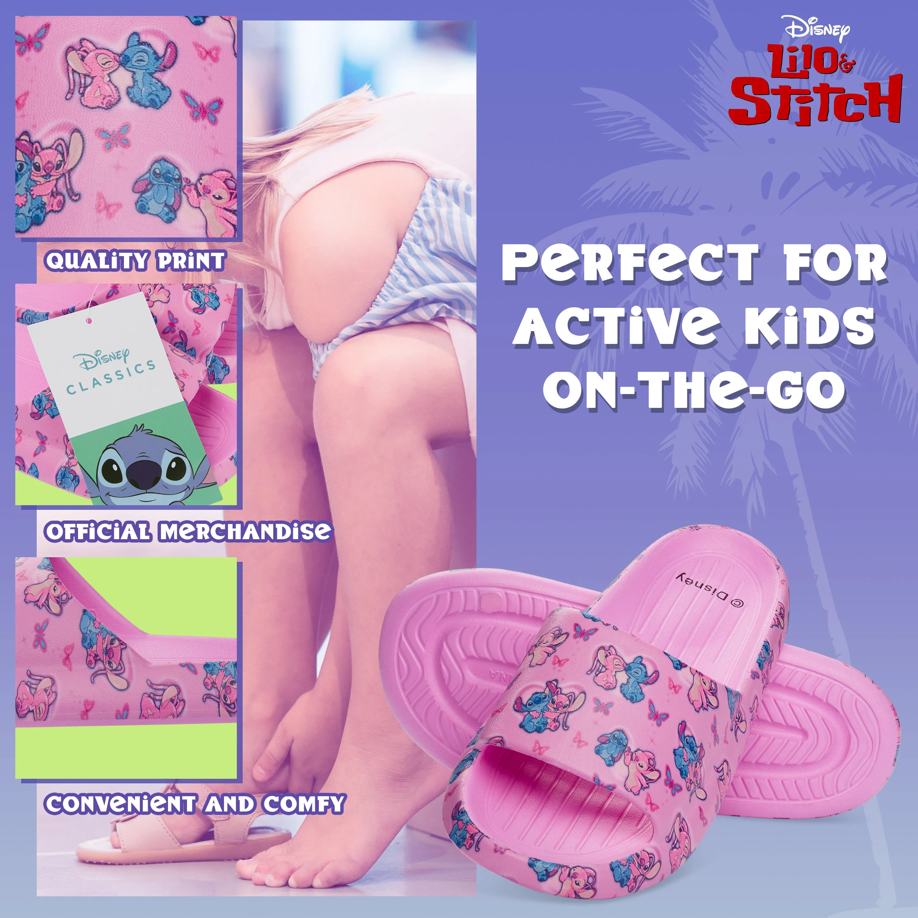 Disney Stitch Girls Sliders, Beach or Pool Shoes for Kids - Pink Fuchsia