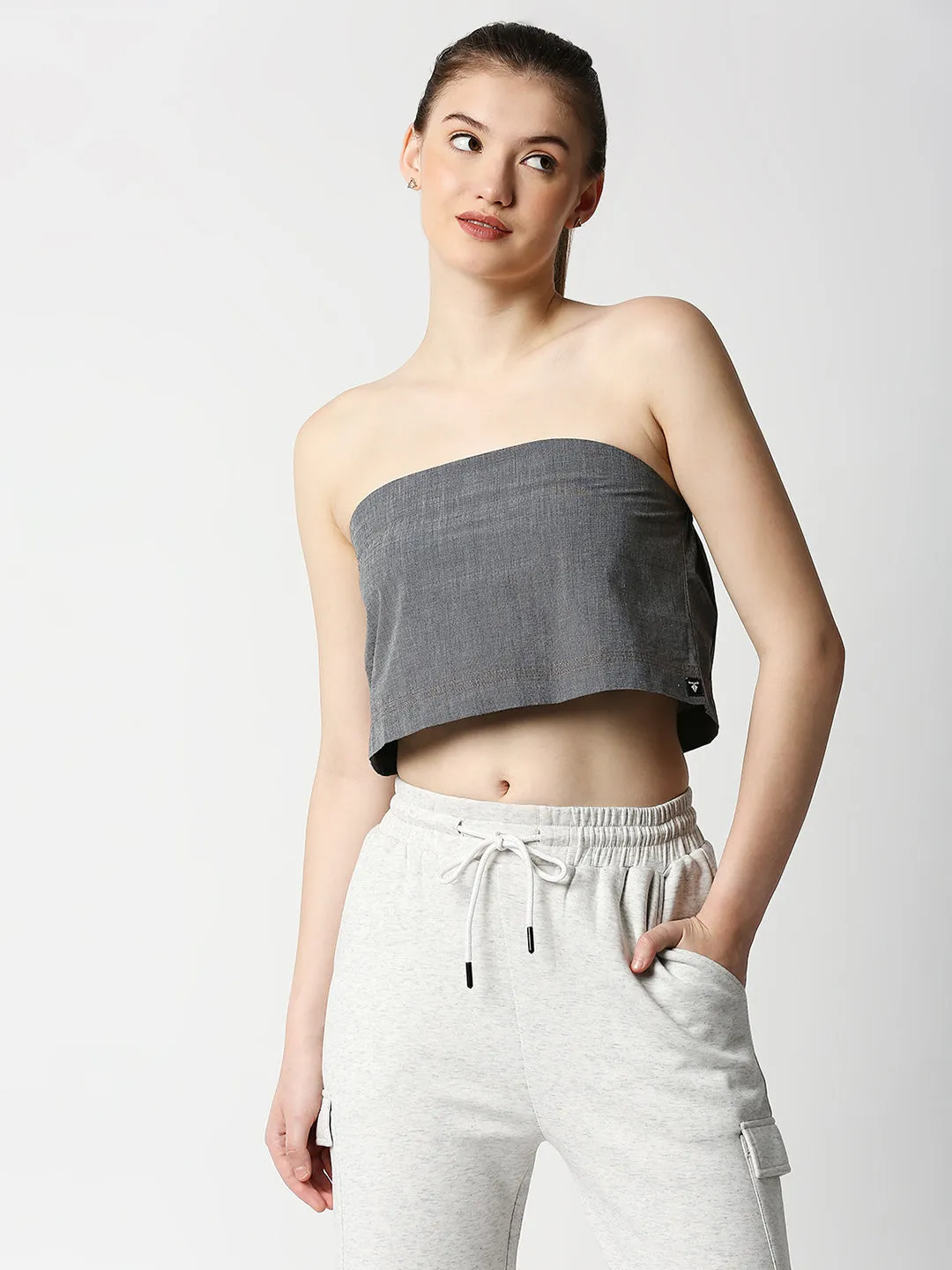 Disrupt Women Grey Slim Fit Tube Crop Top In Woven