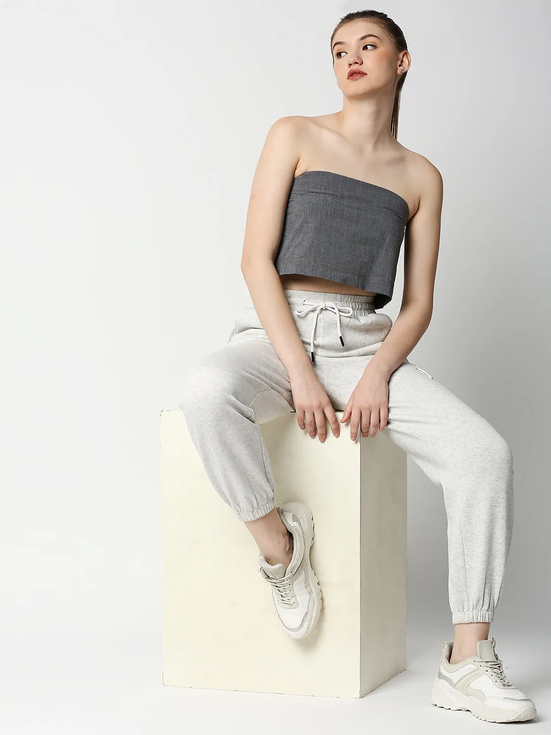 Disrupt Women Grey Slim Fit Tube Crop Top In Woven