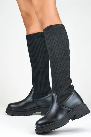 Eco Leather Knee-High Boots with Ribbed Fabric & Flat Heel