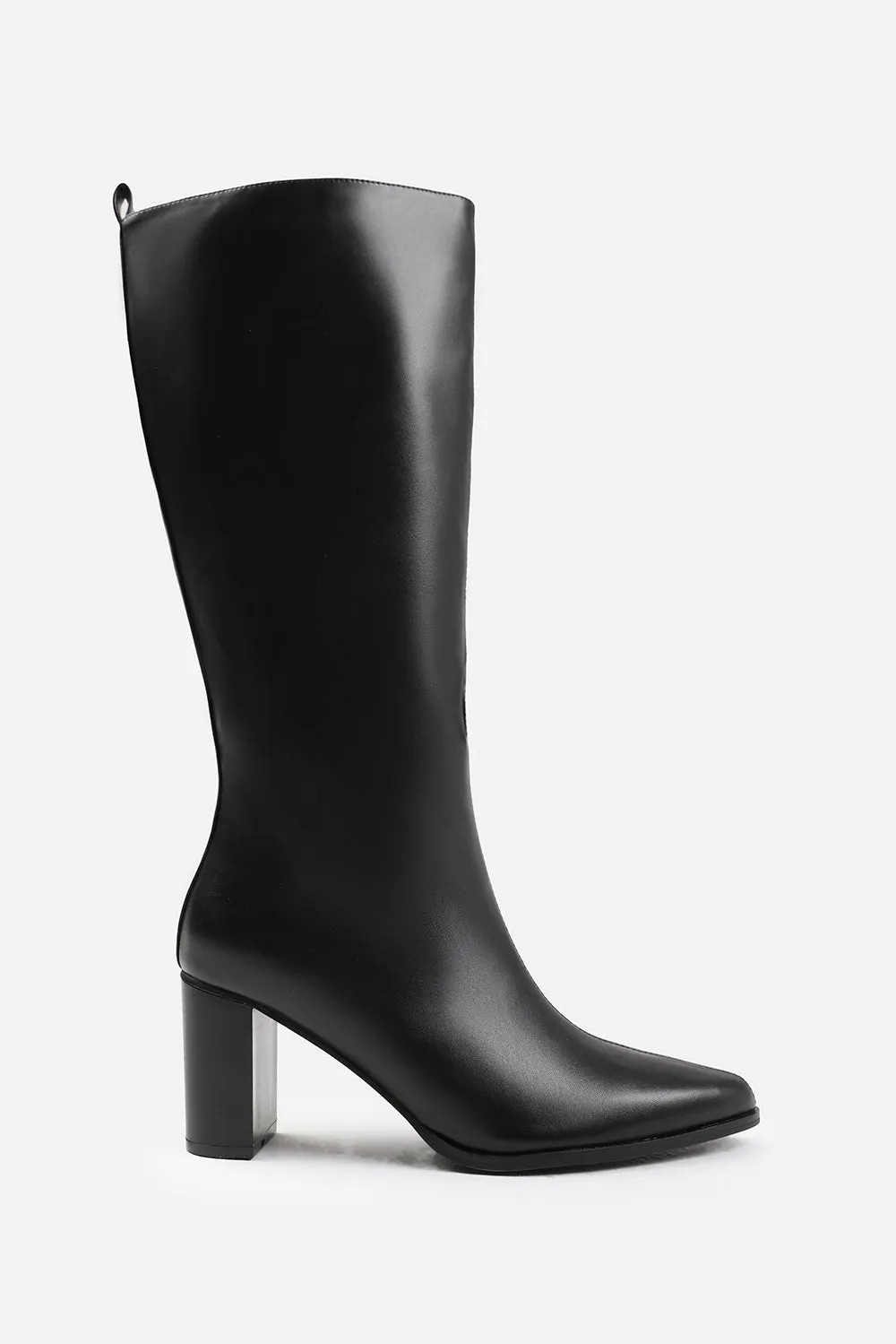 ELDER WIDE CALF BLOCK HEEL KNEE HIGH BOOTS WITH SIDE ZIP IN WIDE E FIT IN BLACK FAUX LEATHER