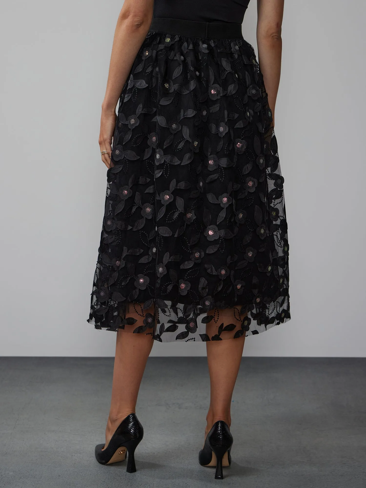 Embellished Floral Tulle Skirt