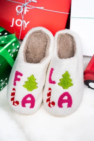 Fa La La La White Plush Slippers