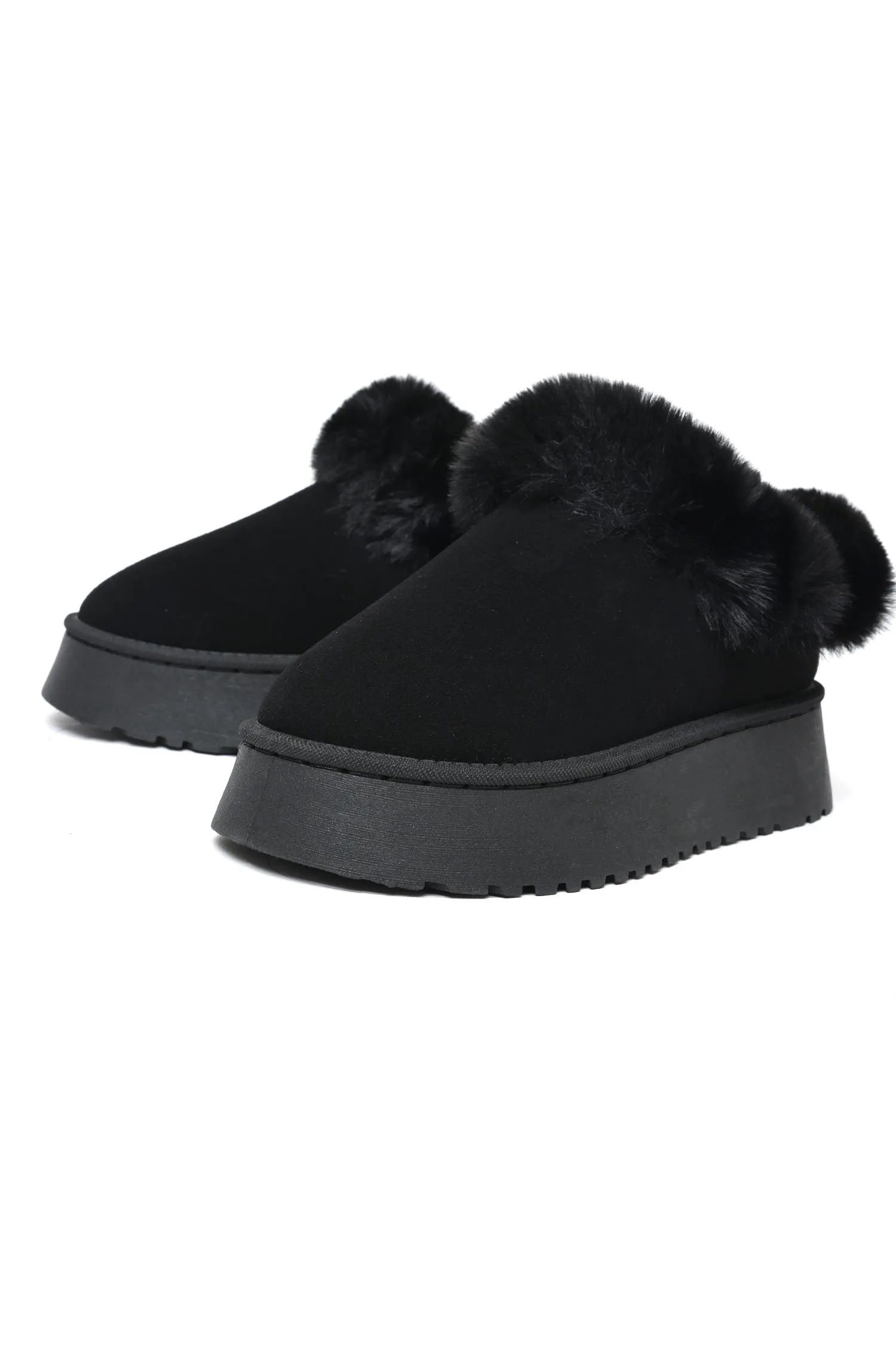 Faux Fur Platform Slippers-Black