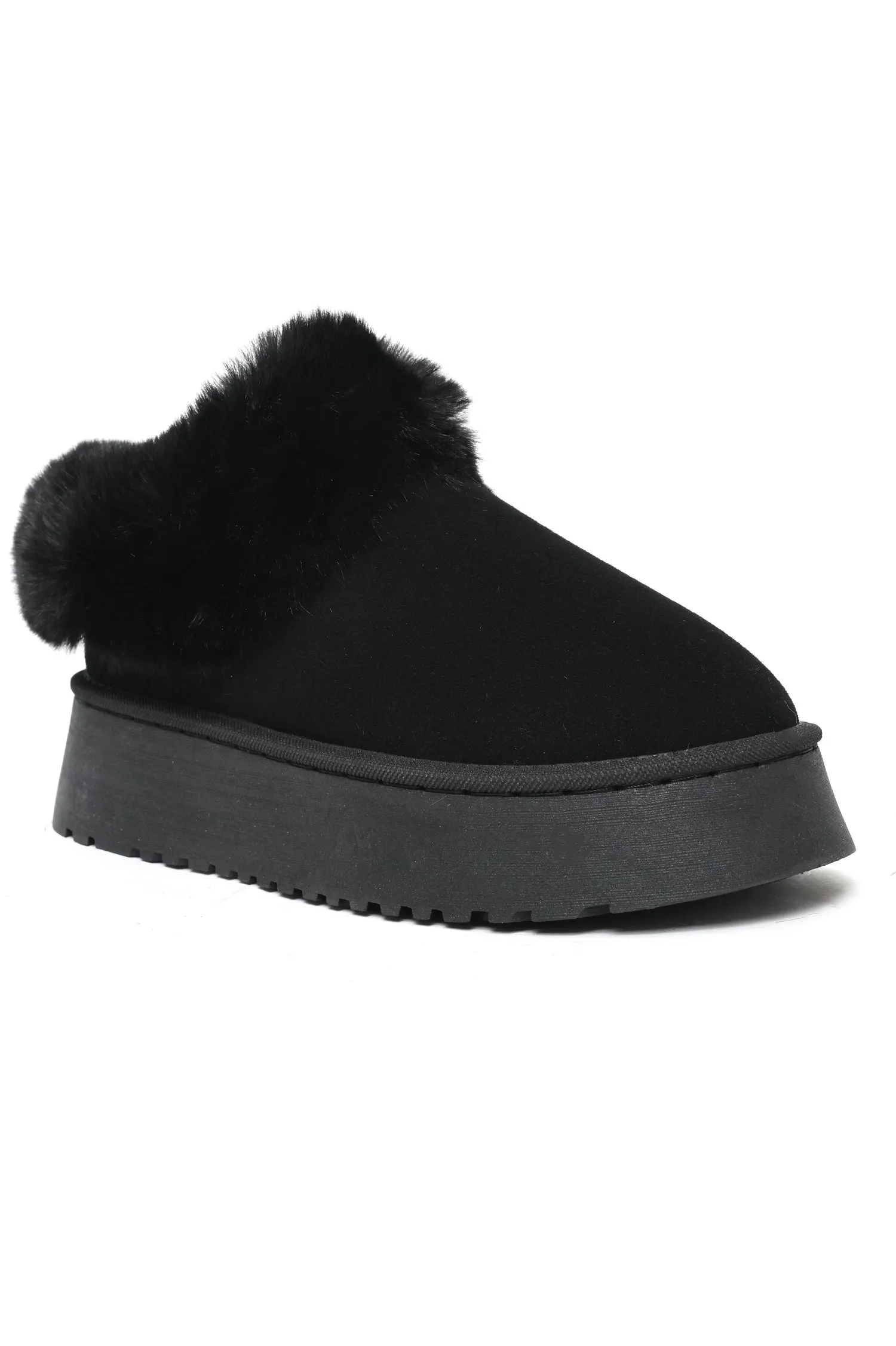 Faux Fur Platform Slippers-Black