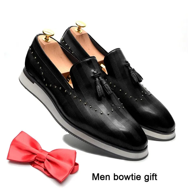 Genuine Leather Rivet Tassel Loafers