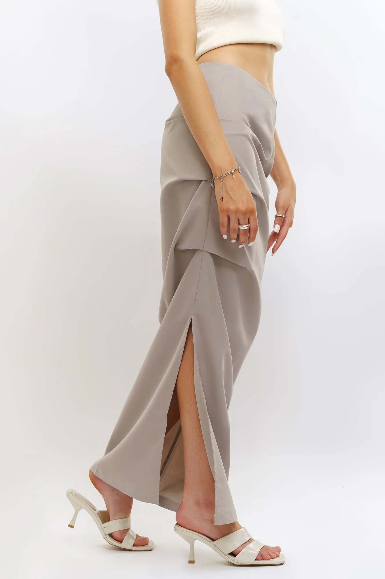 Grey Pleated Slit Skirt