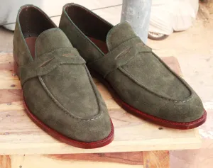 Handmade Men's Green Suede Penny Loafers, Men Designer Dress Formal Luxury Shoes