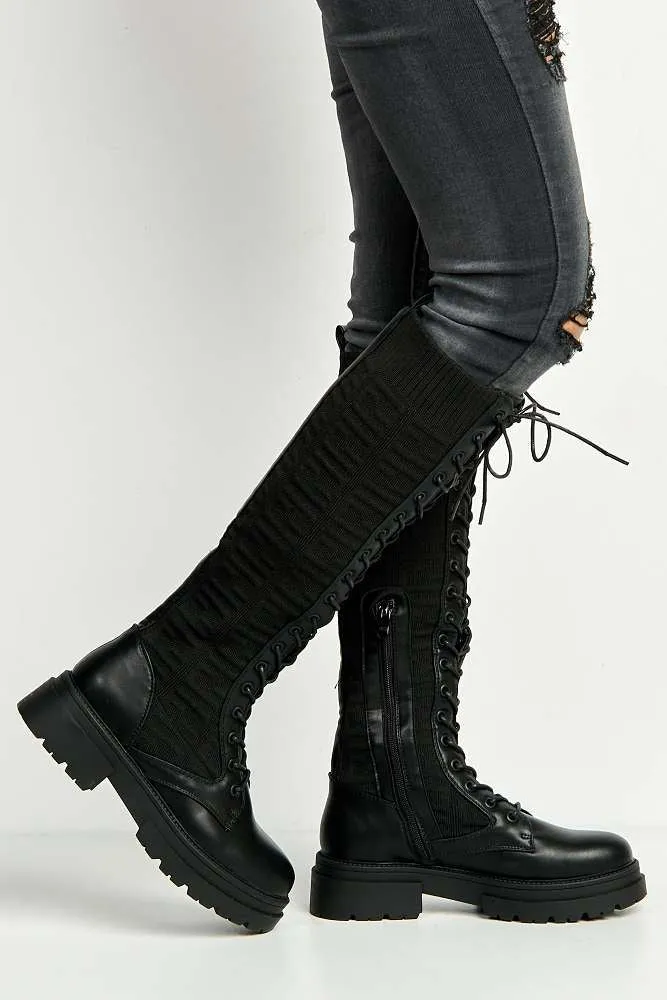 Indie Lace Detailing Calf Boots in Black