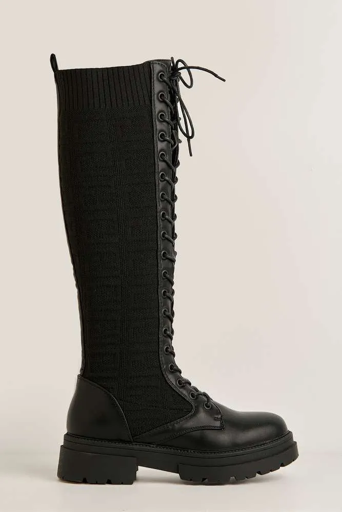 Indie Lace Detailing Calf Boots in Black