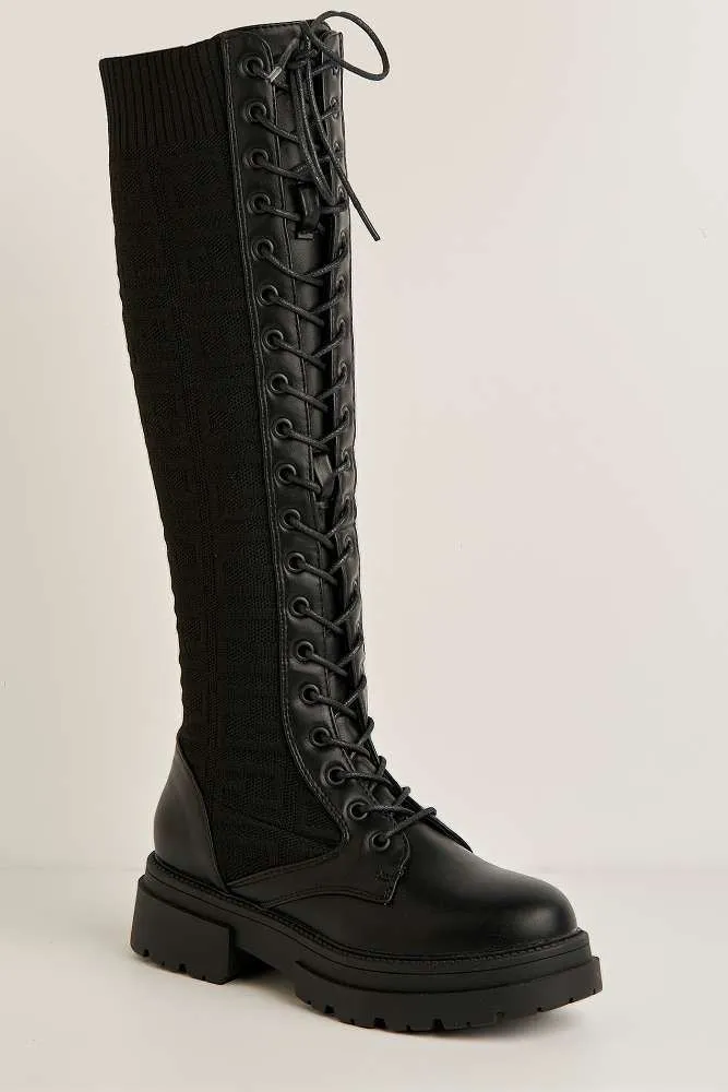 Indie Lace Detailing Calf Boots in Black