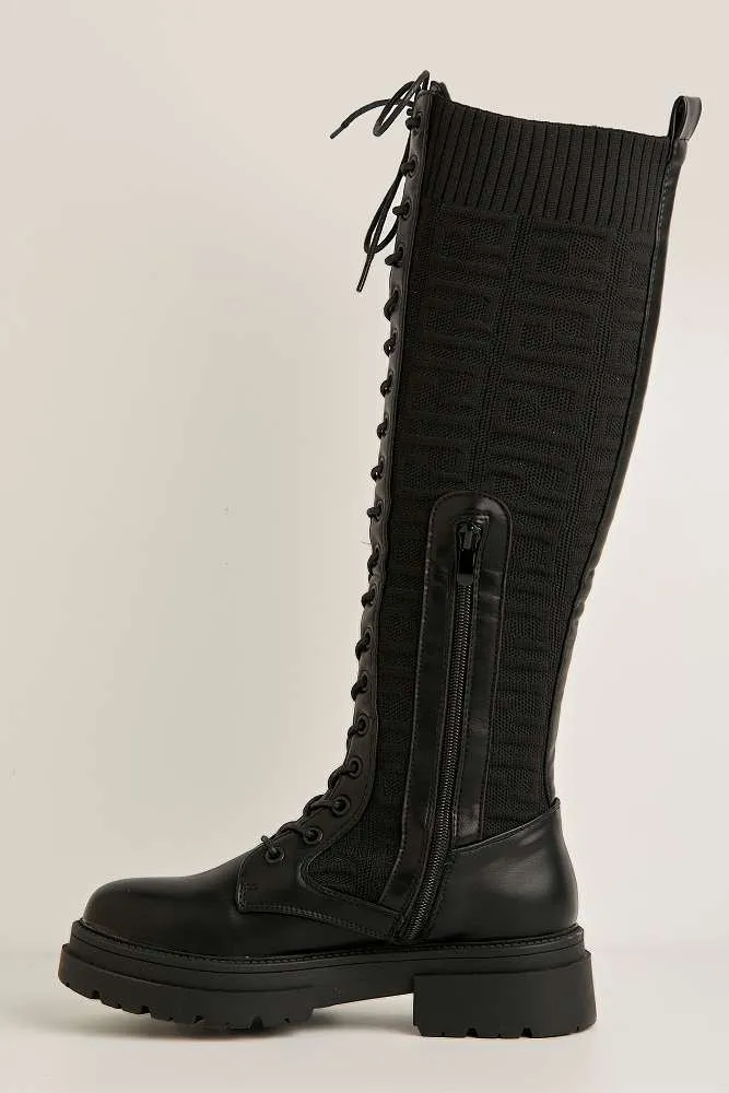 Indie Lace Detailing Calf Boots in Black