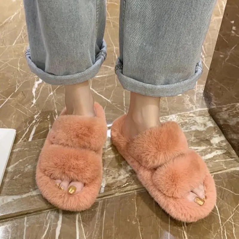 Indoor Women Fur Slippers Fluffy Soft Furry Slides Thick Flats Heel