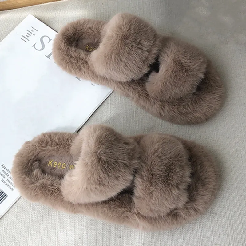 Indoor Women Fur Slippers Fluffy Soft Furry Slides Thick Flats Heel