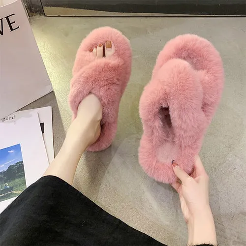 Indoor Women Fur Slippers Fluffy Soft Furry Slides Thick Flats Heel