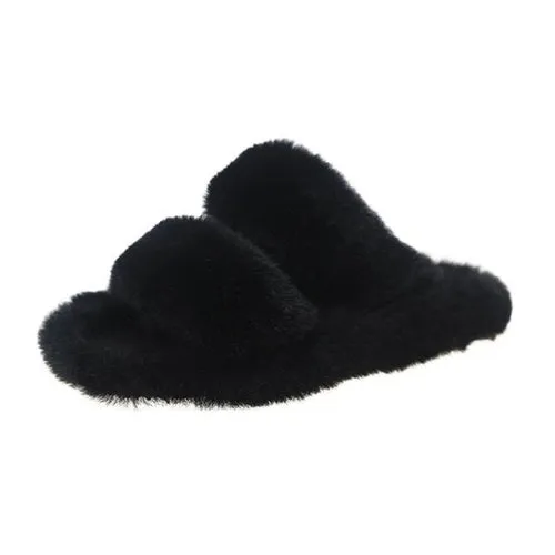 Indoor Women Fur Slippers Fluffy Soft Furry Slides Thick Flats Heel