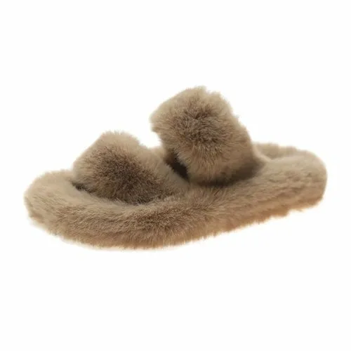 Indoor Women Fur Slippers Fluffy Soft Furry Slides Thick Flats Heel