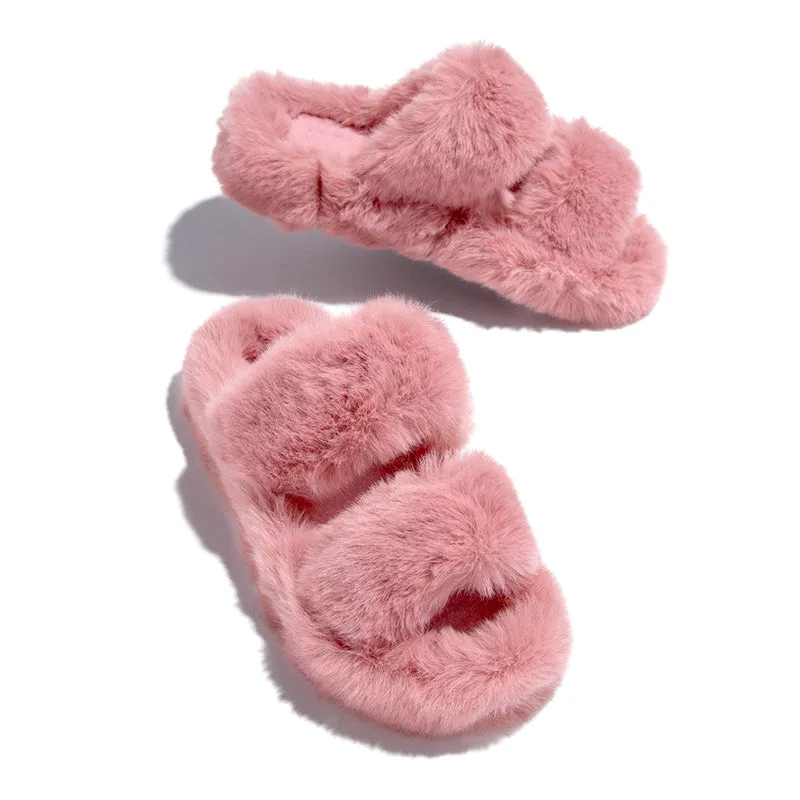 Indoor Women Fur Slippers Fluffy Soft Furry Slides Thick Flats Heel