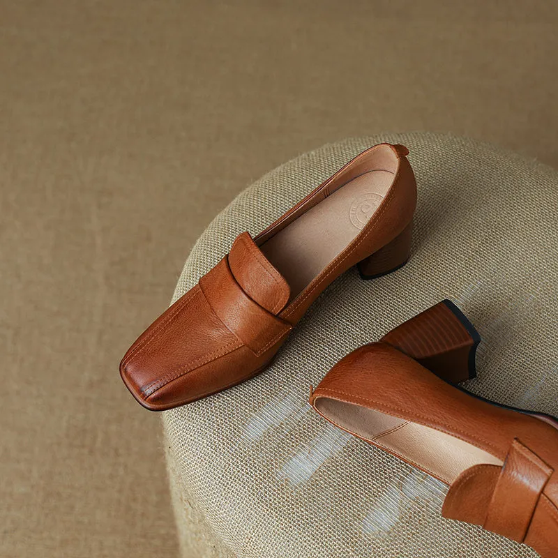 Inga Square Toe Block Heeled Loafers Brown