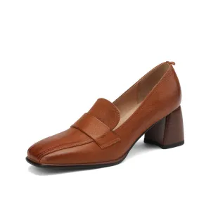 Inga Square Toe Block Heeled Loafers Brown